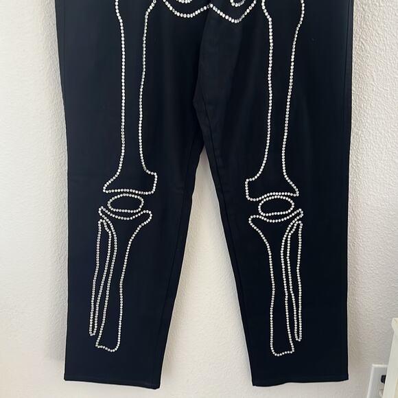 Salem7 Skeleton Black Denim Jeans Black Stretch Rhinestone Exposed Fly 34 - Picture 3 of 10